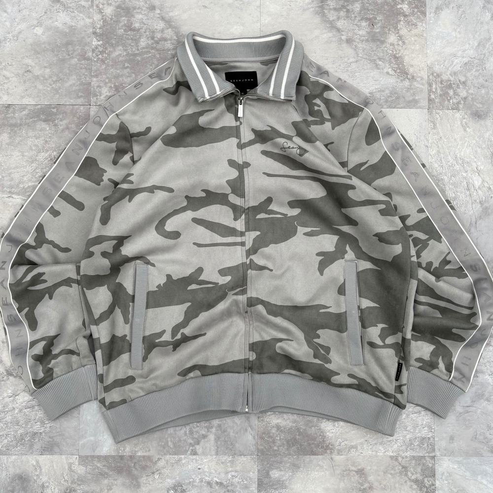 Sean John Mens Grey Camo Track Jacket Faux Suede Full Zip Logo Tape XL